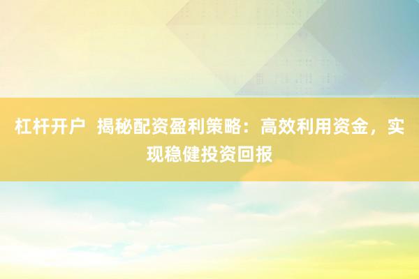 杠杆开户  揭秘配资盈利策略：高效利用资金，实现稳健投资回报